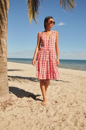 Buy Red/White Gingham Linen Mix Button ...