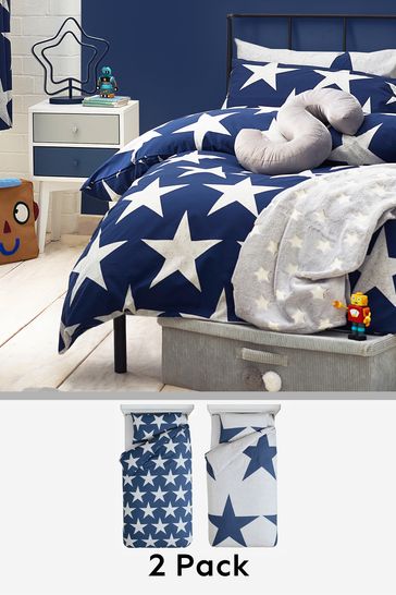 2 Pack Navy Blue Kids Stars Duvet Cover And Pillowcase Set