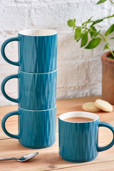 Set of 4 Teal Blue Embossed Stacking Mugs