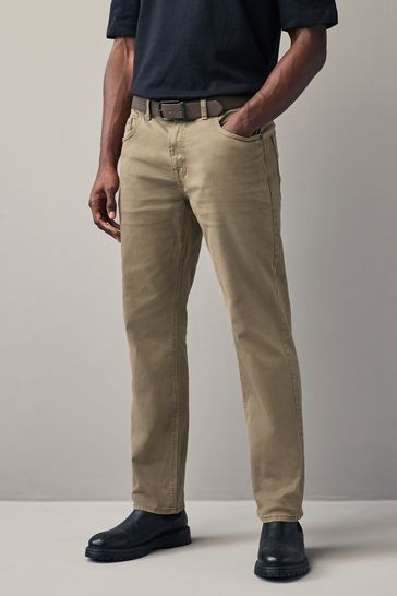 Tan Brown Straight Fit Belted Authentic Jeans