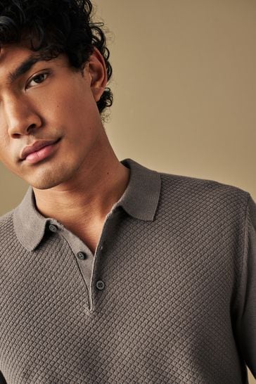 Charcoal Grey Textured Regular Long Sleeve Knit Polo Shirt