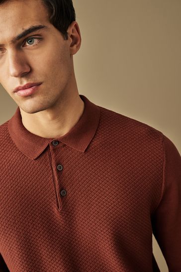 Maroon Red Textured Regular Long Sleeve Knit Polo Shirt