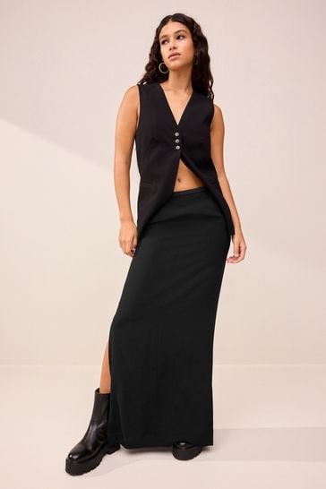 Black Tailored Crepe Column Skirt