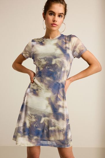 Blue Scenic Print Corset Detail Mini Dress