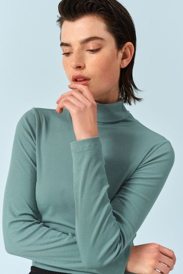 Blue Long Sleeve Ribbed Roll Neck Top