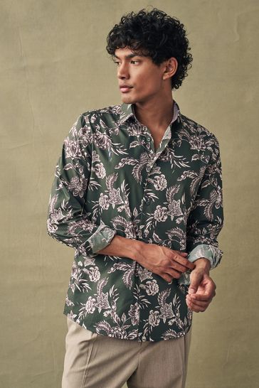 Olive Green/Neutral Brown Floral Slim Fit Printed Trimmed Shirt