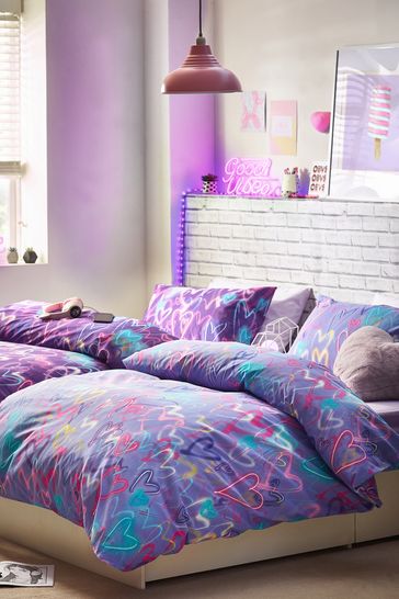 2 Pack Purple Neon Hearts Duvet Cover and Pillowcase Set
