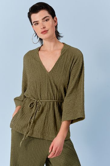 Khaki Green Long Sleeve Textured Tunic