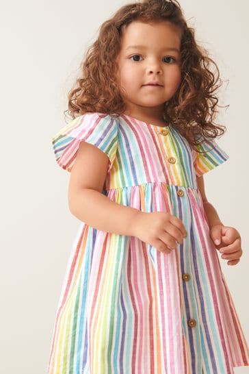 Vestido abotonado de algodón con rayas arcoíris (3meses-8años)