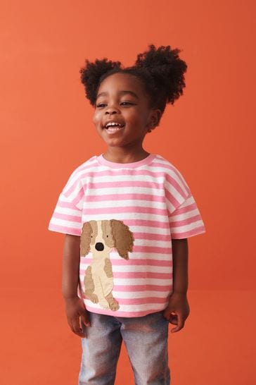 Pink Stripey Dog Short Sleeve T-Shirt (3mths-7yrs)