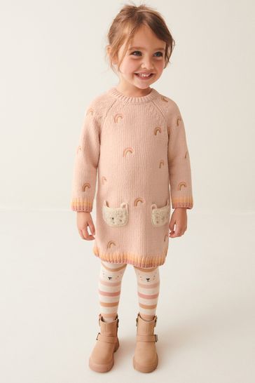 Conjunto crema jaspeado de vestido estilo suéter y medias (3 meses-7 años)