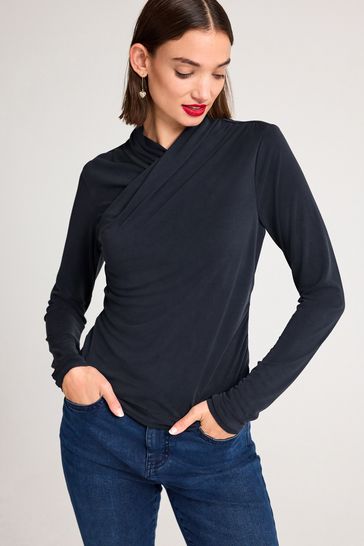 Buy Navy Blue Wrap Neck Modal Rich Long Sleeve Top from Next
