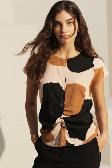 Buy Abstract Print Short Sleeve Ruched Front Textured T Shirt from
