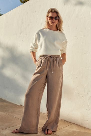 Taupe Brown Premium 100% Linen Wide Leg Trousers
