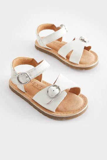 White Standard Fit (F) Leather Buckle Sandals