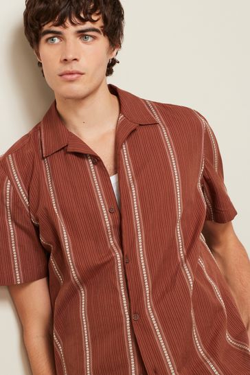 Brown Textured Stripe Short Sleeve Cuban Collar Shirt
