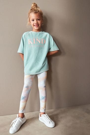 Conjunto de camiseta y leggings con estampado marmolado azul/rosa (3-16 años)