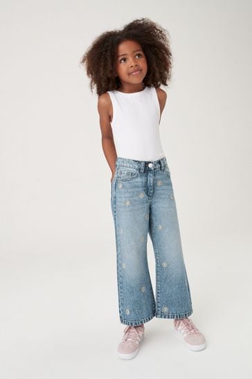 Buy Mid Blue Denim Floral Embroidered Wide Leg Jeans (3-16yrs