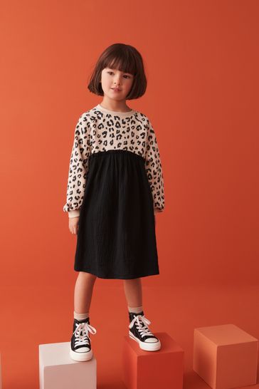 Neutral Animal/ Charcoal Grey Sweat Dress With Crinkle Skirt (3-16yrs)