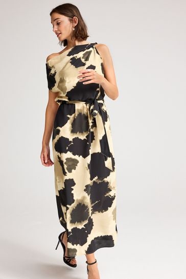 Cream/Black Cow Smudge Print Sleeveless Knot Shoulder Column Maxi Dress