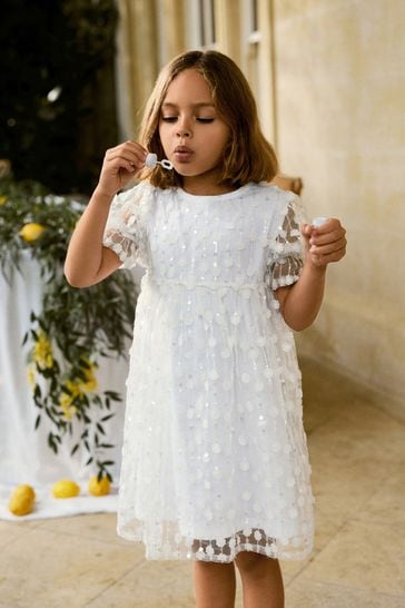 White Sequin Flower Sequin Shimmer Party Dress (3-16yrs)