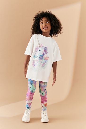 Conjunto rosa/morado/blanco de camiseta holgada y leggings con lentejuelas y dibujo de unicornio (3-16 años)