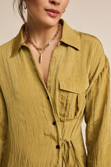 Olive Green Tie Front Long Sleeve Textured Utility Shirt Dress