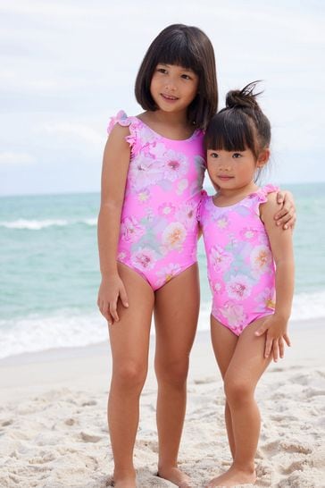 Pink Floral Frill Sleeve Swimsuit (3mths-12yrs)