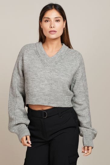 Grey Cropped V-Neck Jumper