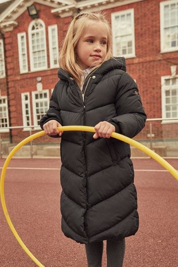 Abrigo acolchado tipo edredón de chevrón impermeable de largo estándar negro (3-16 años)