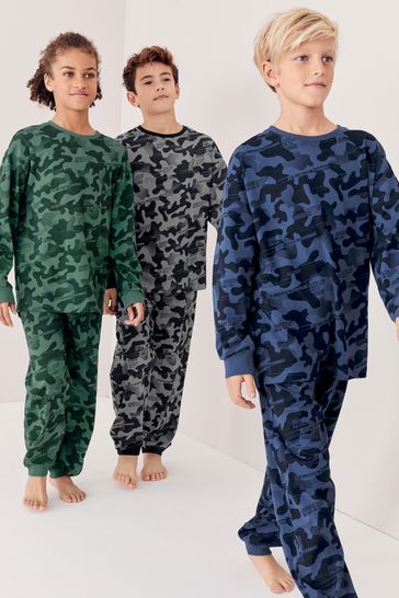 Pack de 3 pijamas en gris/azul/verde con estampado de camuflaje de manga larga (3-16 años)