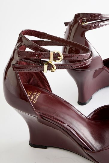 Burgundy Red Forever Comfort Double Strap Point Toe Curvy Wedges