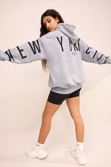 Grey Oversized Relaxed Fit New York Back Graphic Longline Hoodie