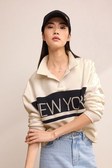 Ecru White New York City Graphic Colourblock Collar Sweatshirt