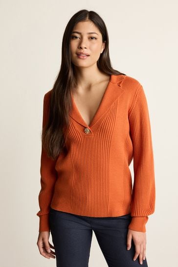 Orange Gold Button V-Neck Collar Jumper