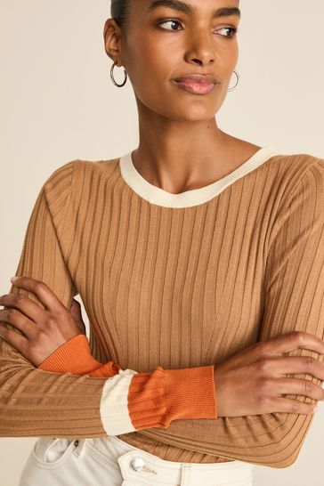 Camel Brown Fitted Ribbed Jumper