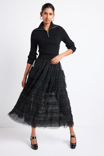 Black Mesh Tulle Midi Skirt