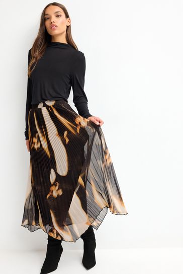 Black Marble Print Pleated Chiffon Midi Skirt