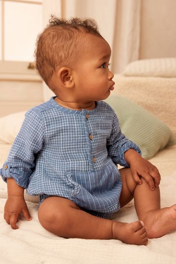 Blue Woven Long Sleeve Bloomer Romper (0mths-2yrs)