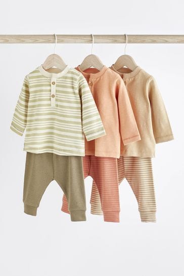 Orange/Sage Green Stripe Baby T-Shirts And Leggings Set 6 Pack
