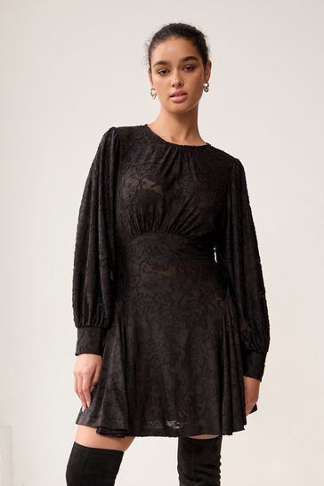 Black Floral Texture Long Sleeve Mini Dress