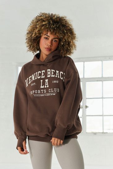 Chocolate Brown LA Graphic Oversized Relaxed Fit Active Longline Overhead Hoodie