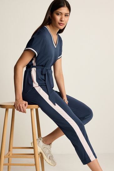Navy Blue Short Sleeve Tipped Jumpsuit