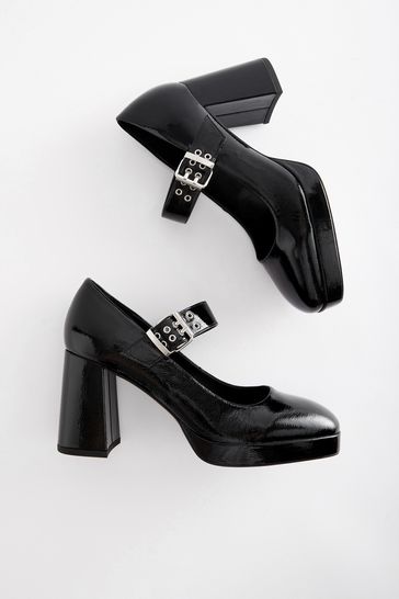 Black Forever Comfort Eyelet Strap Platform Heel Shoes
