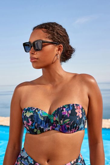 Buy Navy Floral Ruched Shaping Wired Bandeau Bikini Top from Next