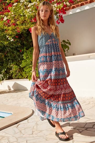 Blue Woodblock Tiered Maxi Summer Dress