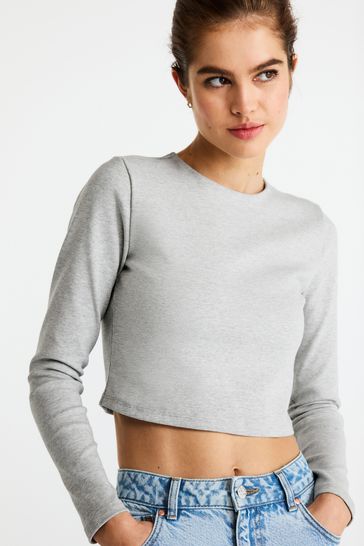 Grey Marl Double Layer Ribbed Long Sleeve Crew Neck Top