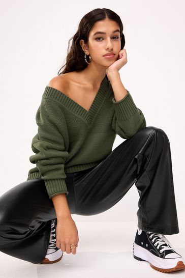Buy Khaki Green Rib Mix V Neck Jumper from Next