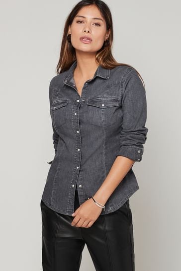 Washed Black Fuller Bust Western Denim Shirt