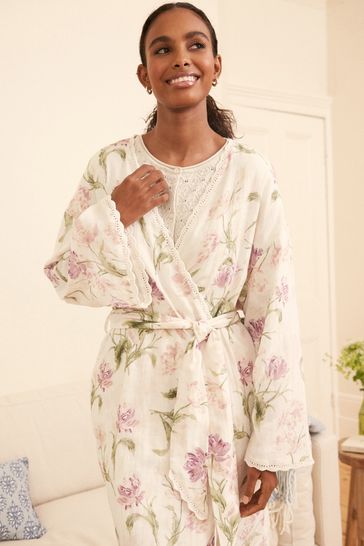 Laura Ashley White Gosford Print Textured Dressing Gown